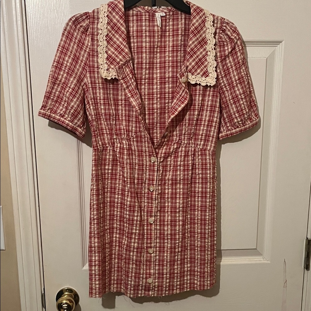 Vintage-Inspired Red Plaid Dress with Lace Trim